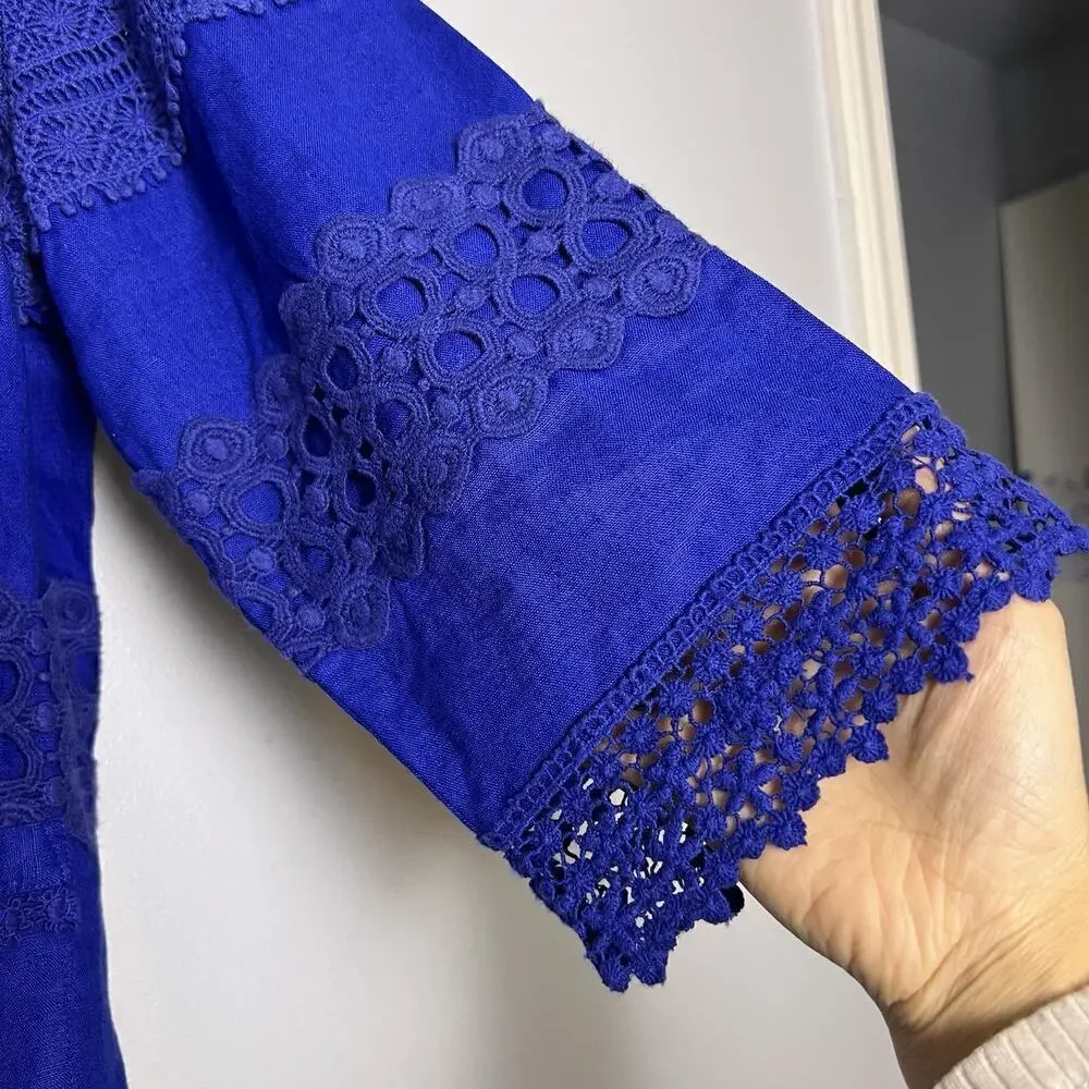 Chico's Women's Linen Lace Embroidered Open Front Blouse Sz L Blue Bright Boho